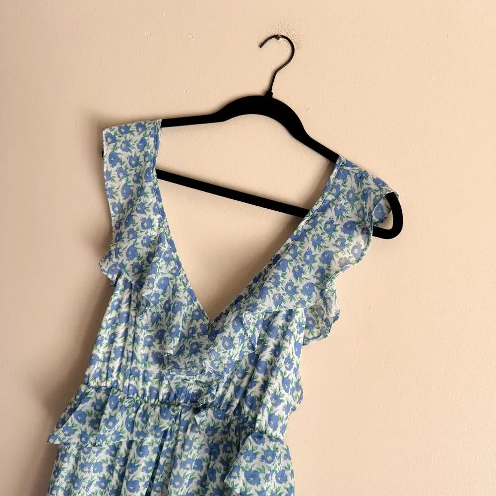 Lush Blue + White Floral Print V Neck Ruffle Tiered Open Back Maxi Dress XL